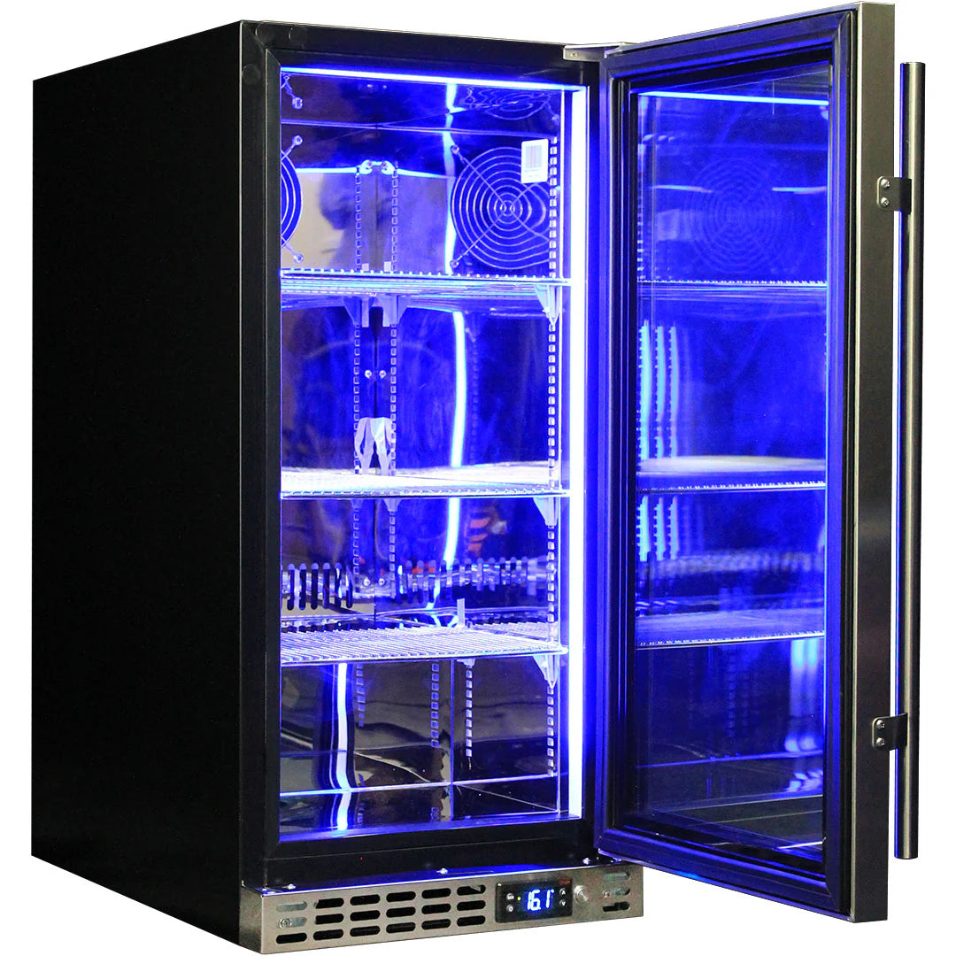 Schmick Stainless Quiet Running Front Venting Under Bench Heated Glass Door Bar Fridge Model SK92R-HD
