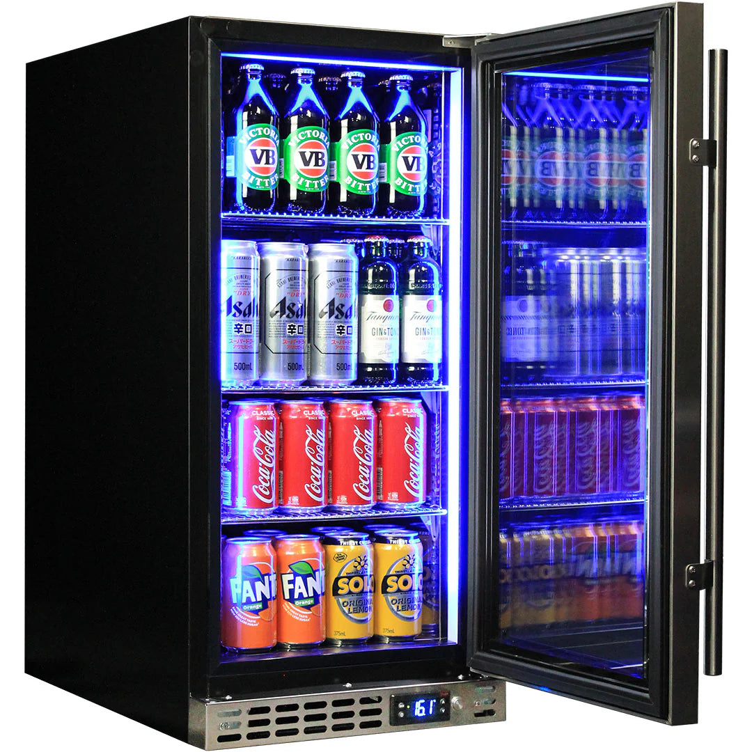 Schmick Stainless Quiet Running Front Venting Under Bench Heated Glass Door Bar Fridge Model SK92R-HD