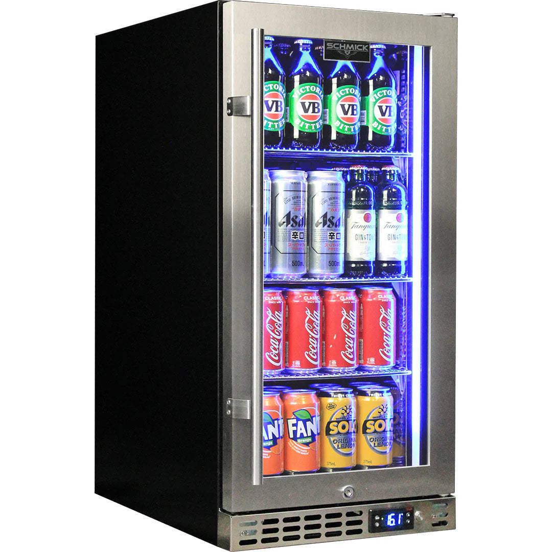 Schmick Stainless Quiet Running Front Venting Under Bench Heated Glass Door Bar Fridge Model SK92R-HD