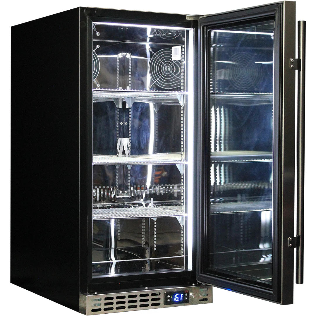 Schmick Stainless Quiet Running Front Venting Under Bench Heated Glass Door Bar Fridge Model SK92R-HD
