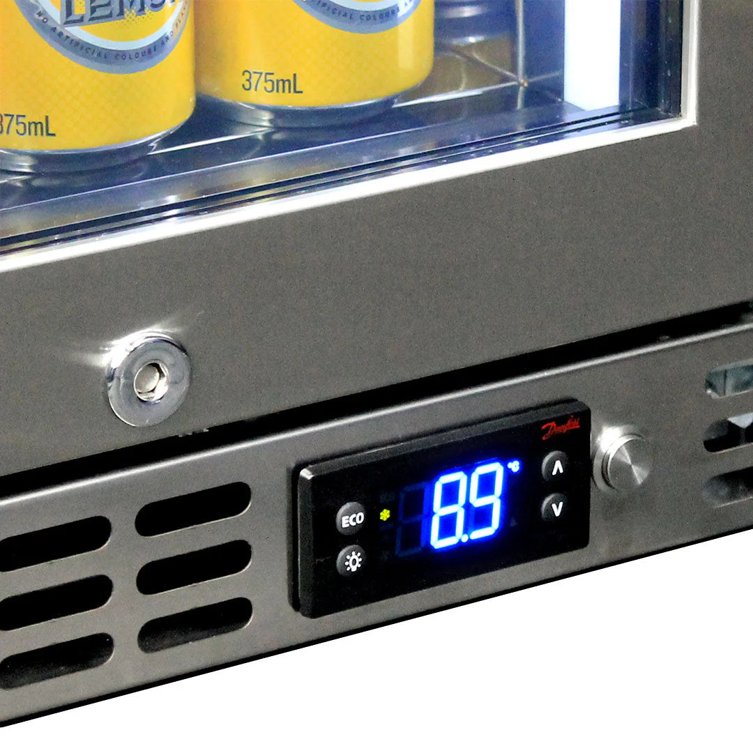 Schmick Stainless Quiet Running Front Venting Under Bench Heated Glass Door Bar Fridge Model SK92R-HD