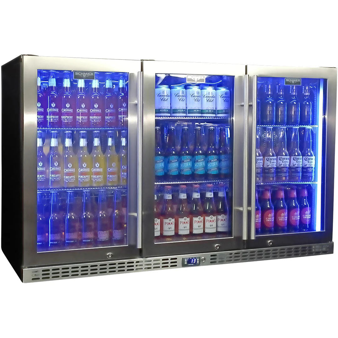Schmick Stainless Steel 3 Door Quiet Running Heated Glass Door Bar Fridge Model SK386-HD