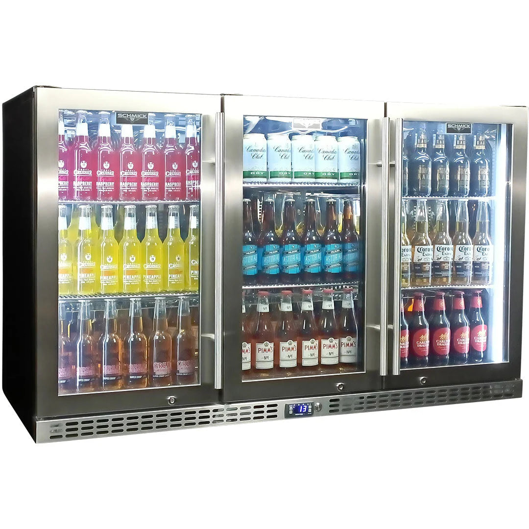 Schmick Stainless Steel 3 Door Quiet Running Heated Glass Door Bar Fridge Model SK386-HD