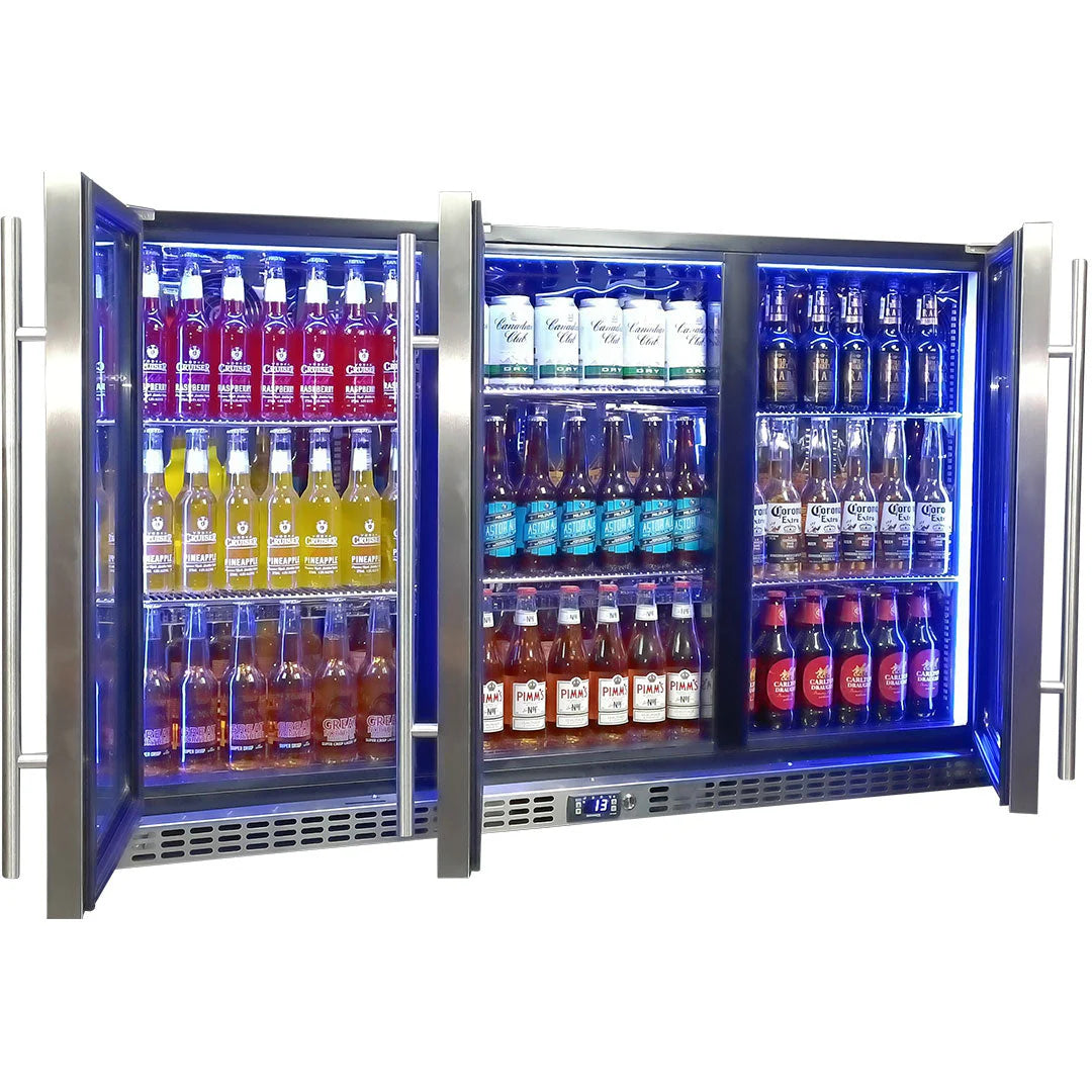Schmick Stainless Steel 3 Door Quiet Running Heated Glass Door Bar Fridge Model SK386-HD