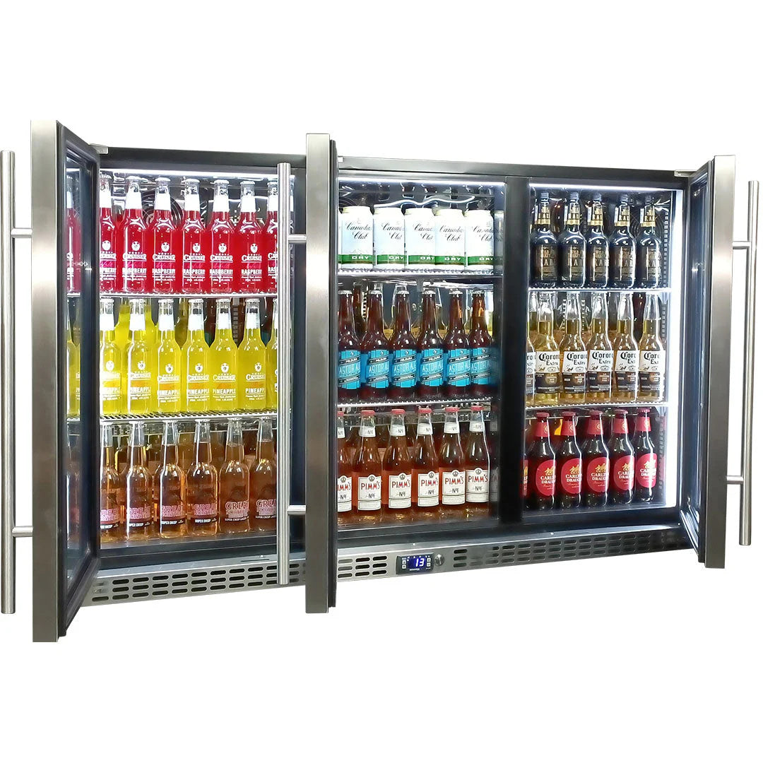 Schmick Stainless Steel 3 Door Quiet Running Heated Glass Door Bar Fridge Model SK386-HD
