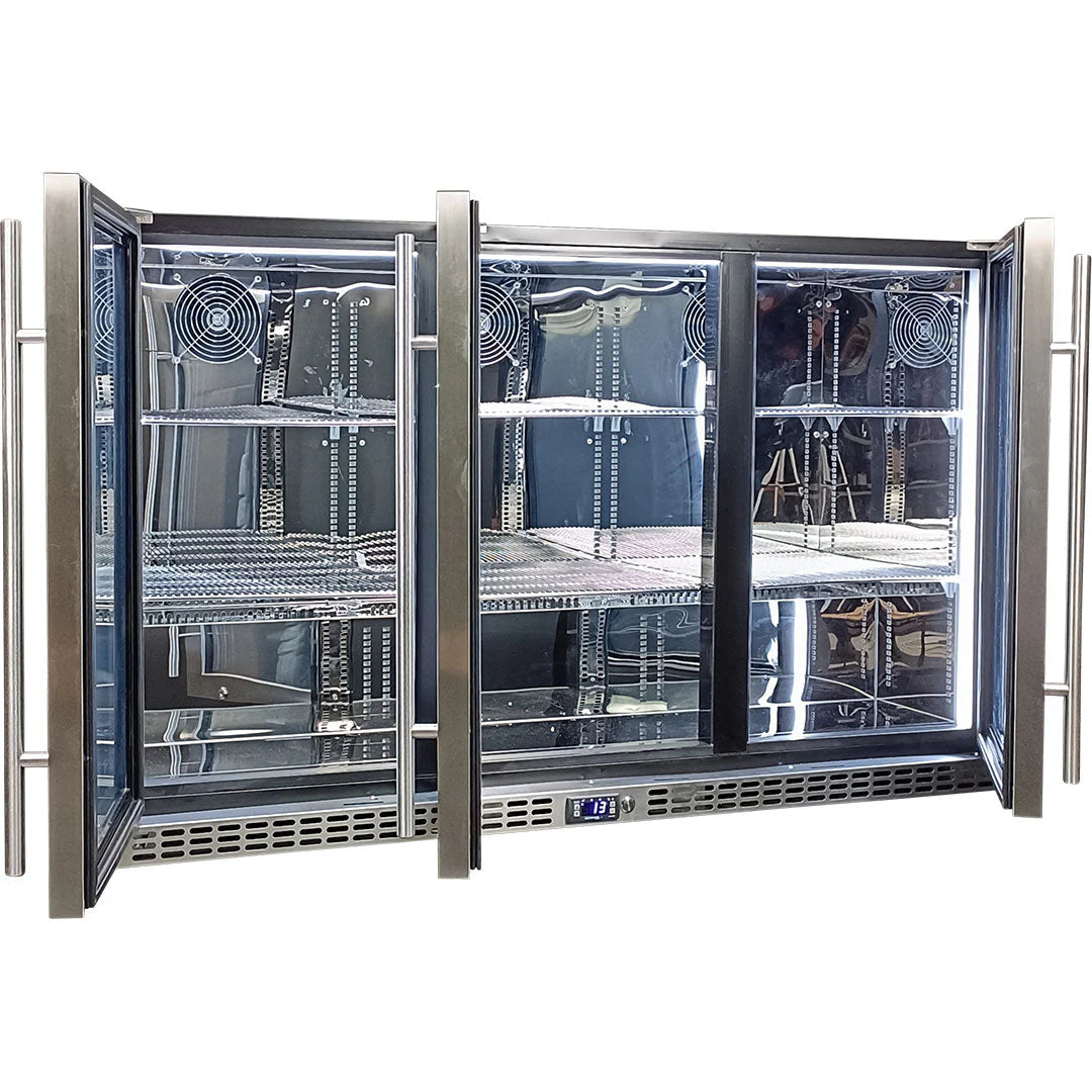 Schmick Stainless Steel 3 Door Quiet Running Heated Glass Door Bar Fridge Model SK386-HD