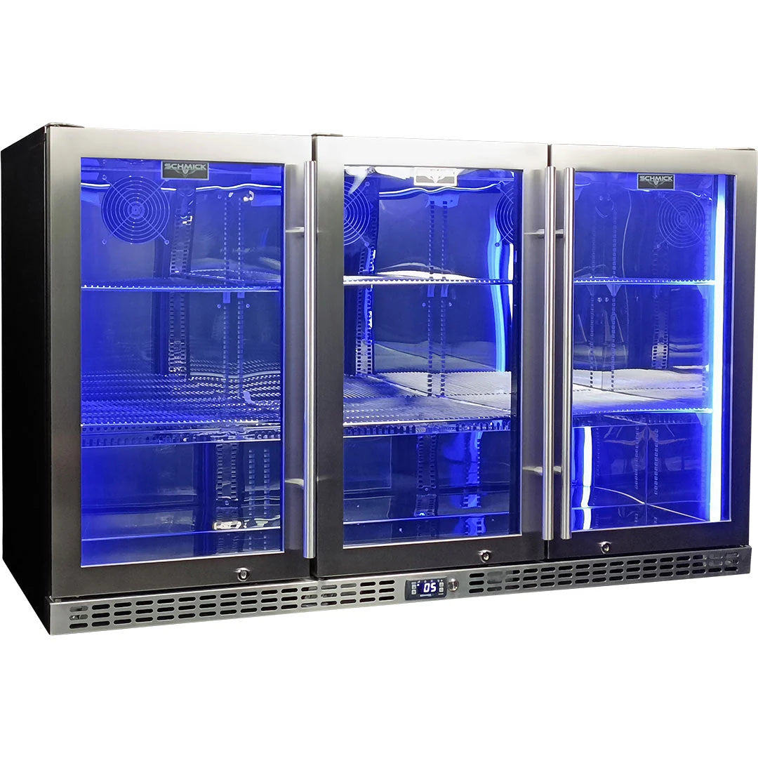 Schmick Stainless Steel 3 Door Quiet Running Heated Glass Door Bar Fridge Model SK386-HD
