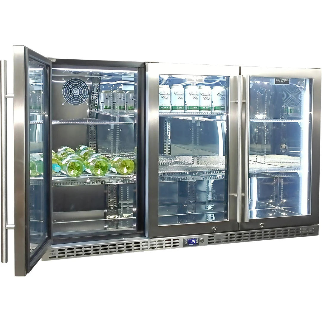 Schmick Stainless Steel 3 Door Quiet Running Heated Glass Door Bar Fridge Model SK386-HD