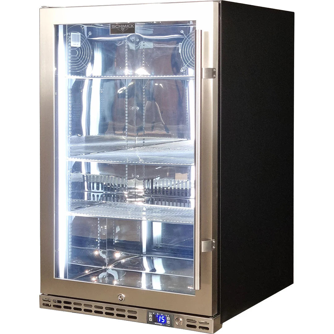 Schmick Stainless Steel Quiet Front Venting Under Bench Heated Glass Door Bar Fridge Model SK146L-HD 2Yrs Parts/Labour / Add 2 x Wine Shelves (+$45.00)