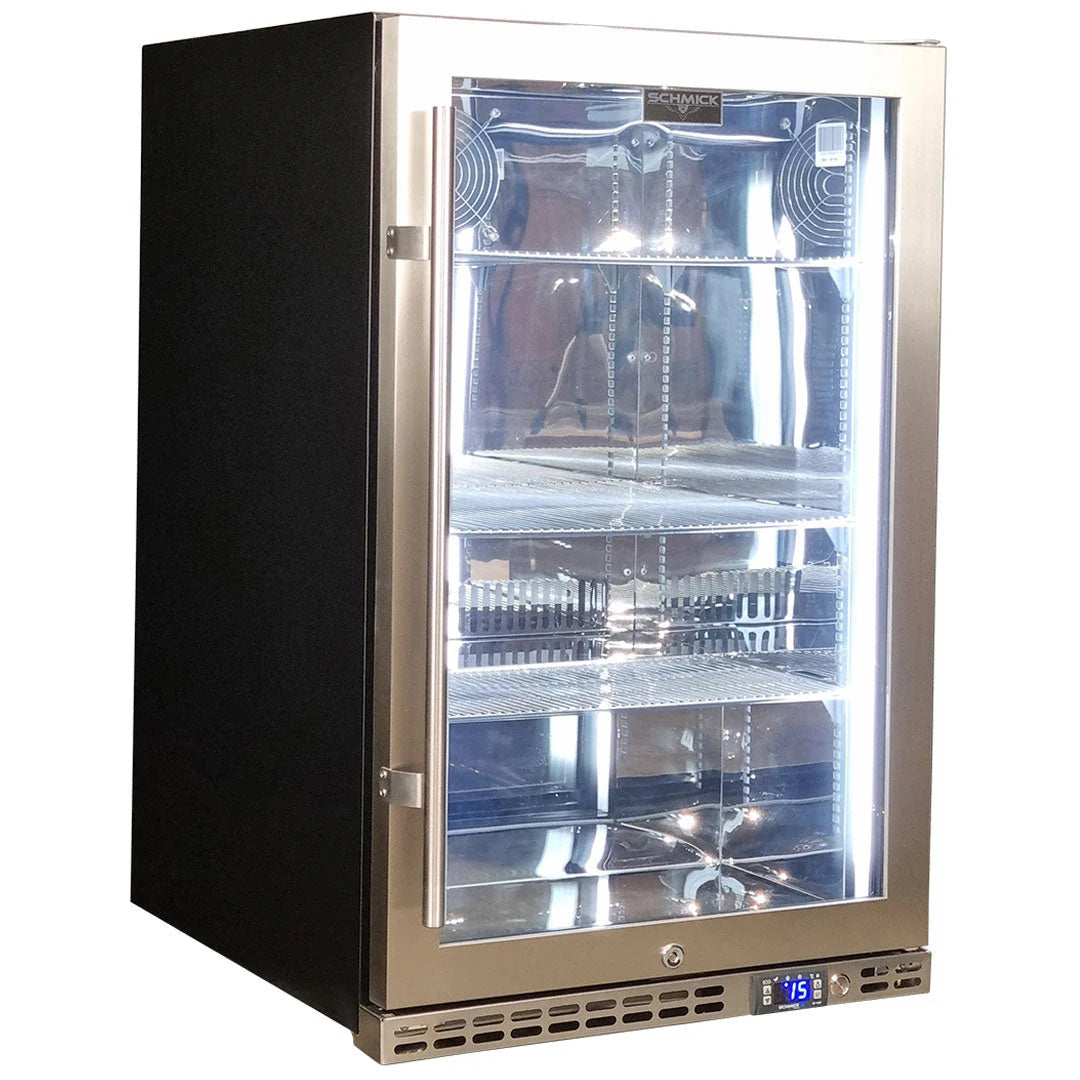 Schmick Stainless Steel Quiet Front Venting Under Bench Heated Glass Door Bar Fridge Model SK146R-HD