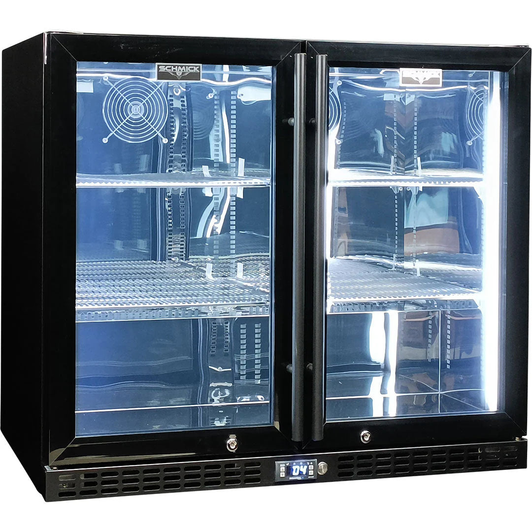 Schmick Twin Door Quiet Running Black Heated Glass Door Bar Fridge Model SK206-B-HD - Low Height