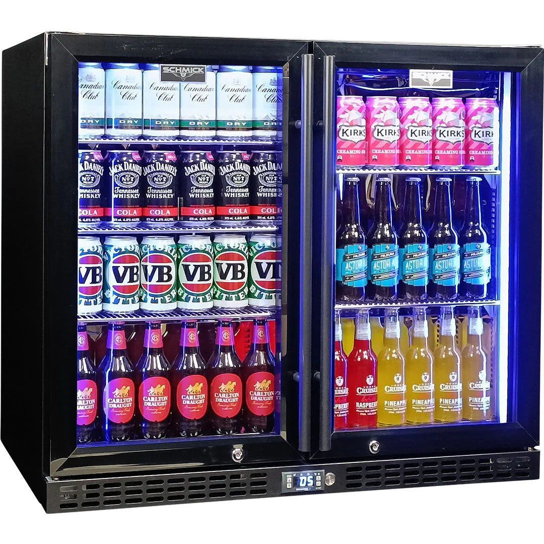 Schmick Twin Door Quiet Running Black Heated Glass Door Bar Fridge Model SK206-B-HD - Low Height