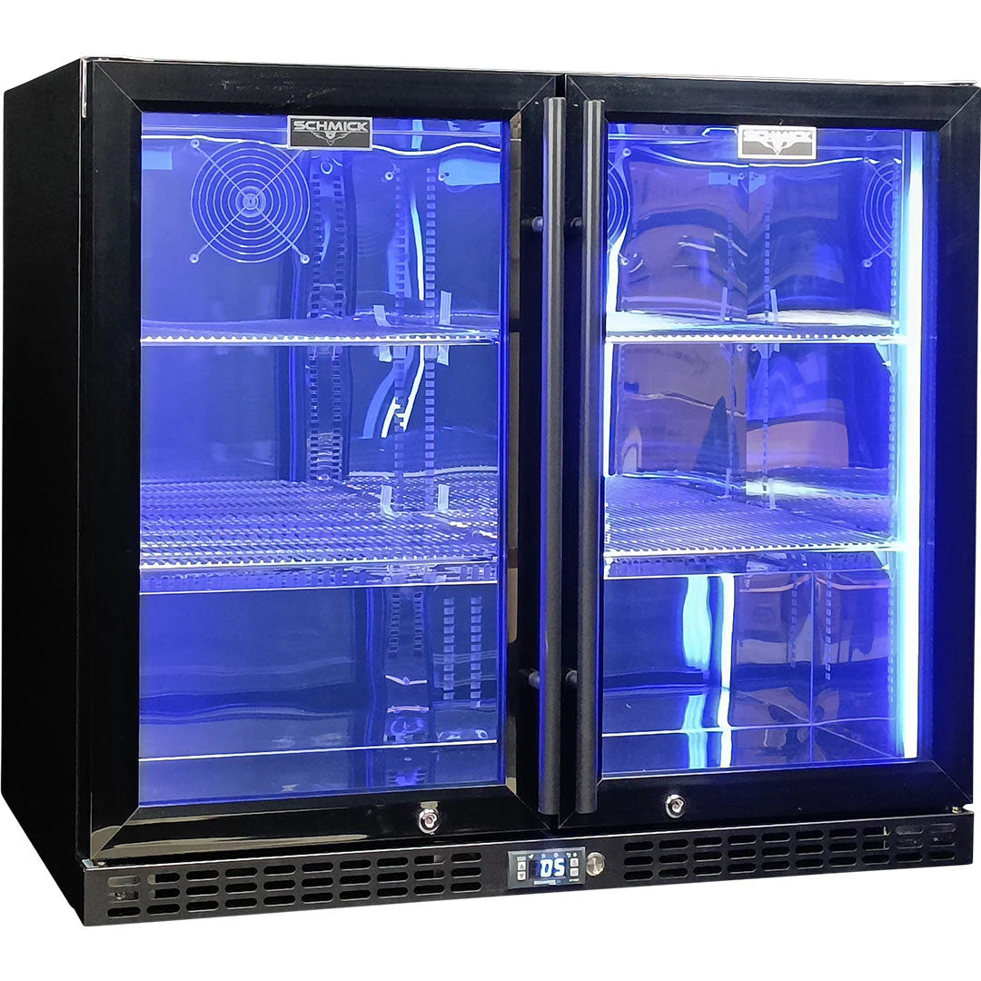 Schmick Twin Door Quiet Running Black Heated Glass Door Bar Fridge Model SK206-B-HD - Low Height