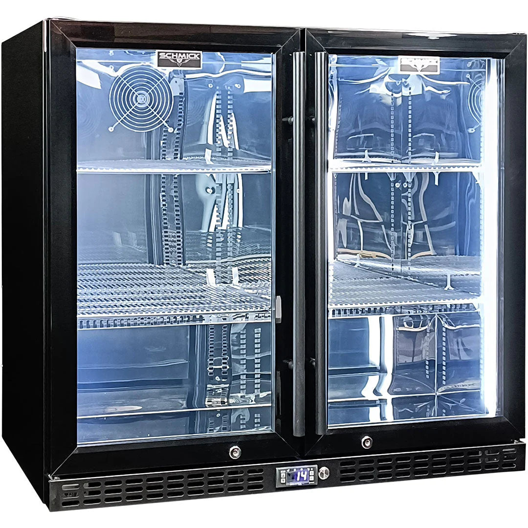 Schmick Twin Door Quiet Running Black Heated Glass Door Bar Fridge Model SK246-B-HD (ON BACKORDER FOR LATE JUNE)