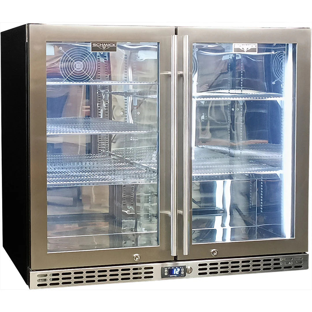 Schmick Twin Door Quiet Running Stainless Steel Triple Glazed Glass Door Bar Fridge Model SK206-SS - Low Height