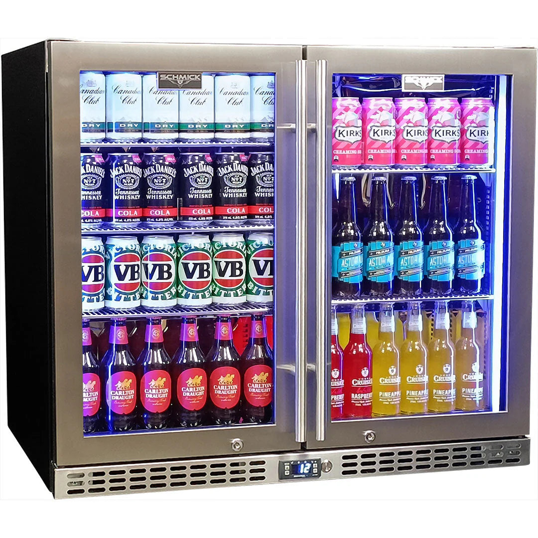Schmick Twin Door Quiet Running Stainless Steel Triple Glazed Glass Door Bar Fridge Model SK206-SS - Low Height