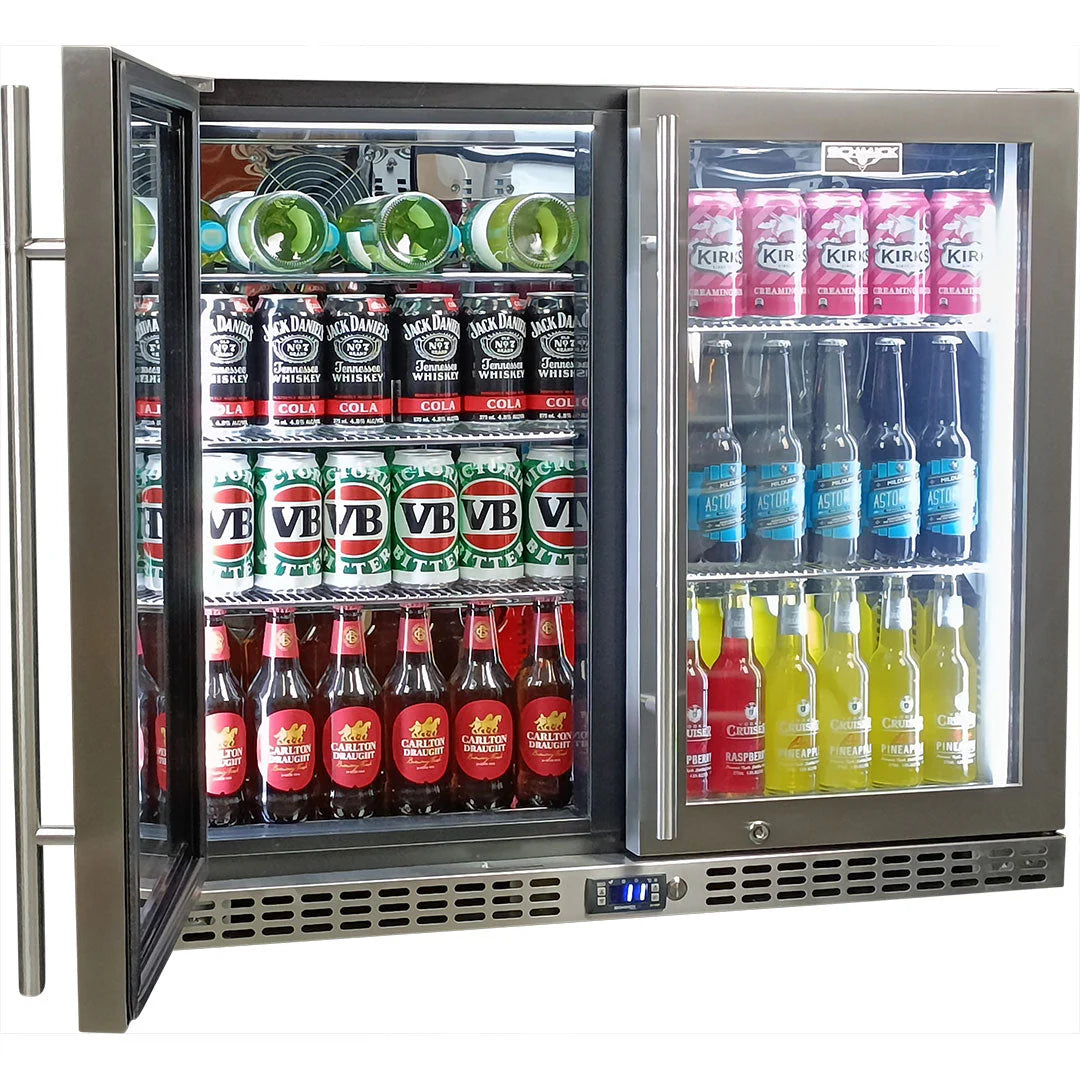 Schmick Twin Door Quiet Running Stainless Steel Triple Glazed Glass Door Bar Fridge Model SK206-SS - Low Height