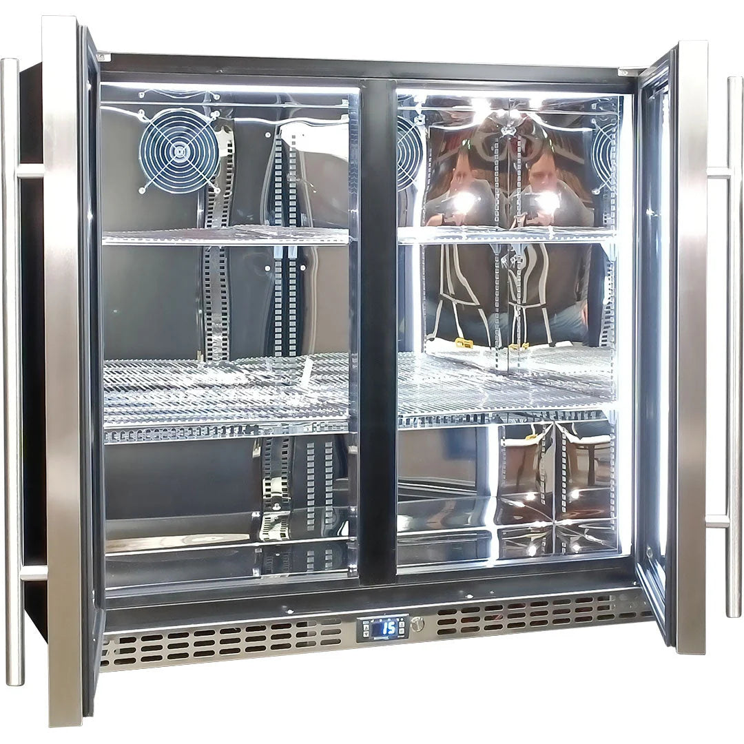 Schmick Twin Door Quiet Running Stainless Triple Glazed Glass Door Bar Fridge Model SK246-SS