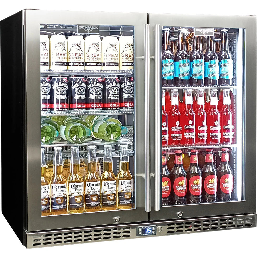 Schmick Twin Door Quiet Running Stainless Triple Glazed Glass Door Bar Fridge Model SK246-SS