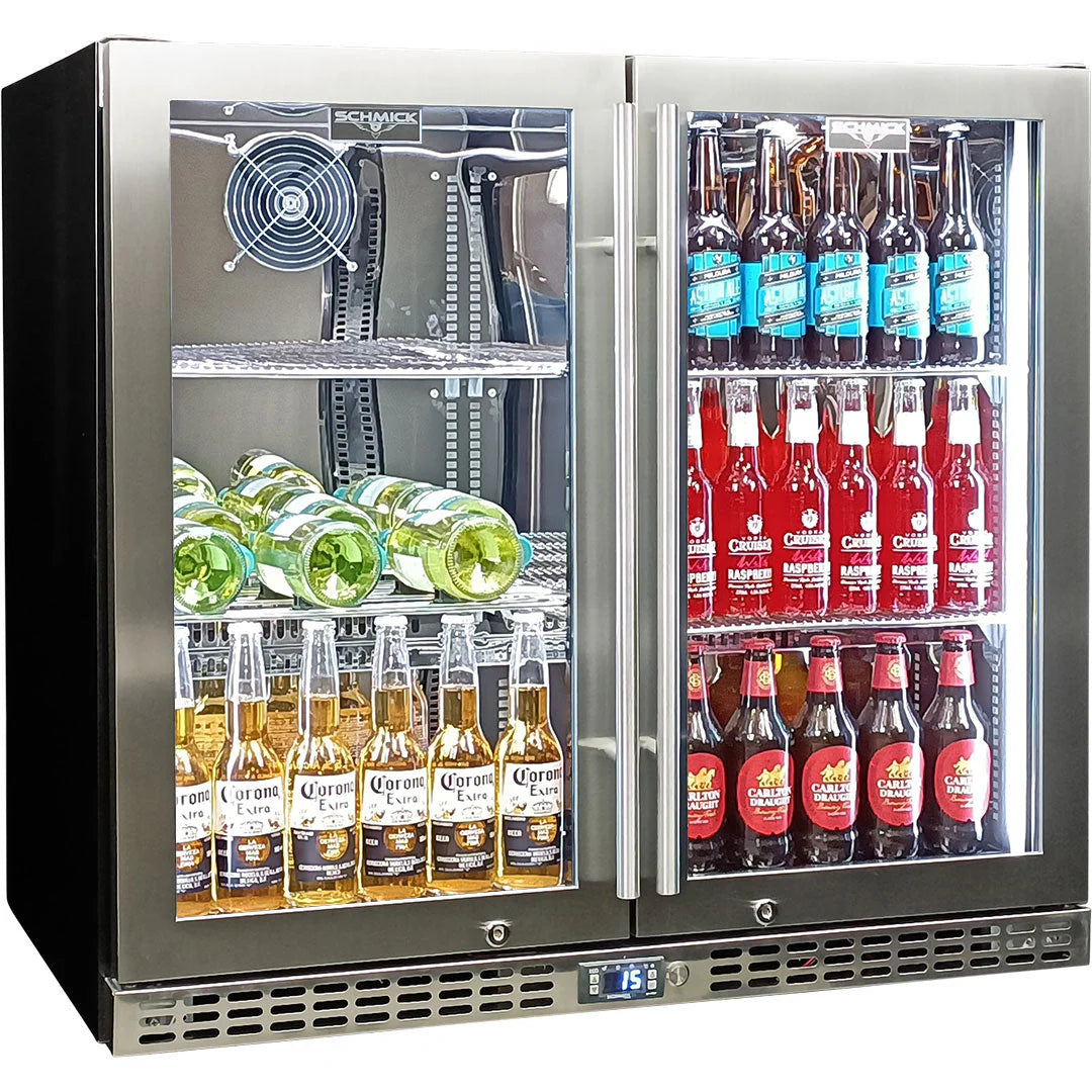 Schmick Twin Door Quiet Running Stainless Triple Glazed Glass Door Bar Fridge Model SK246-SS
