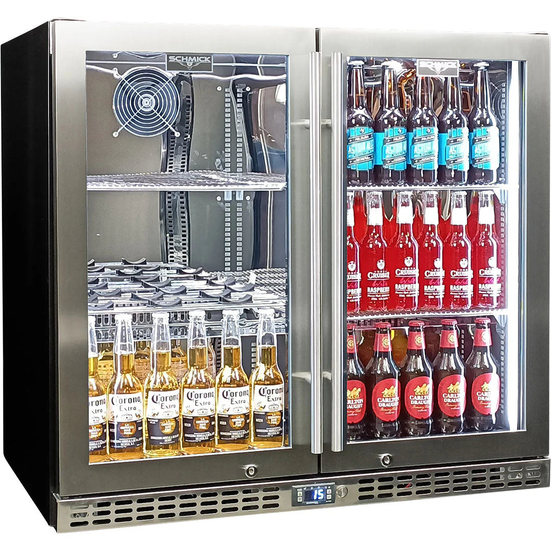 Schmick Twin Door Quiet Running Stainless Triple Glazed Glass Door Bar Fridge Model SK246-SS