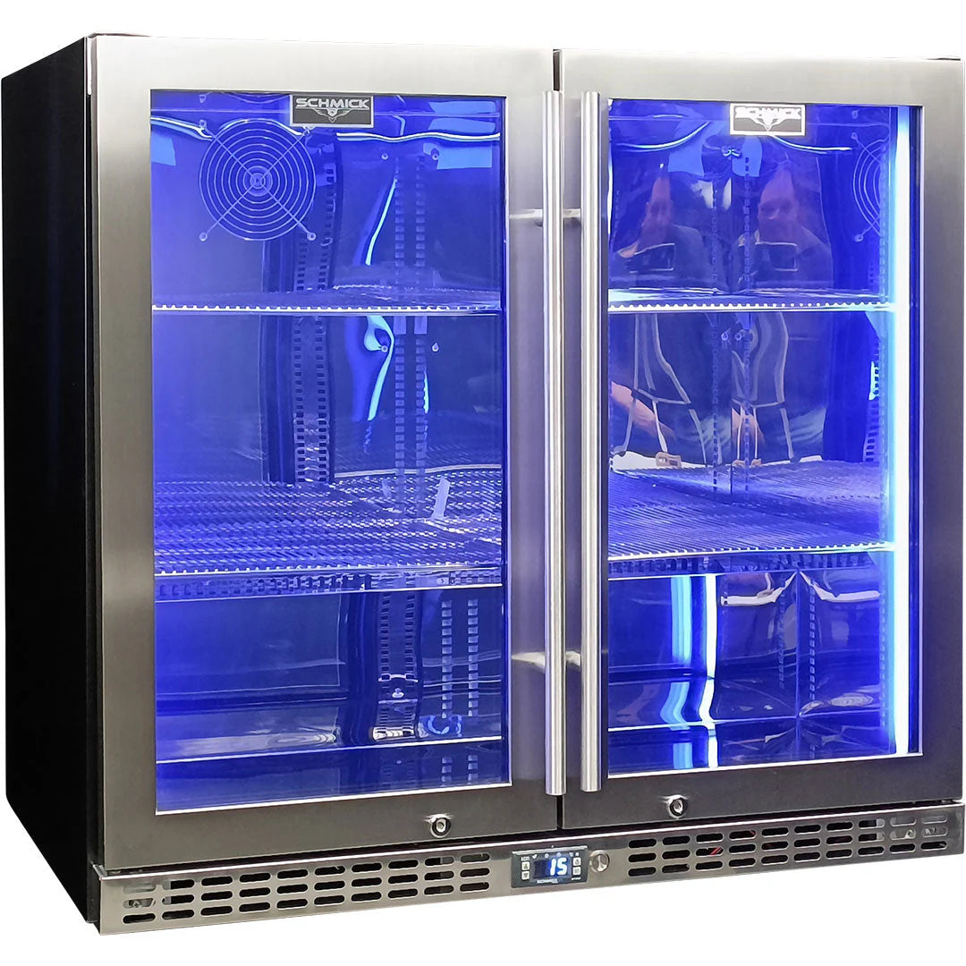 Schmick Twin Door Quiet Running Stainless Triple Glazed Glass Door Bar Fridge Model SK246-SS