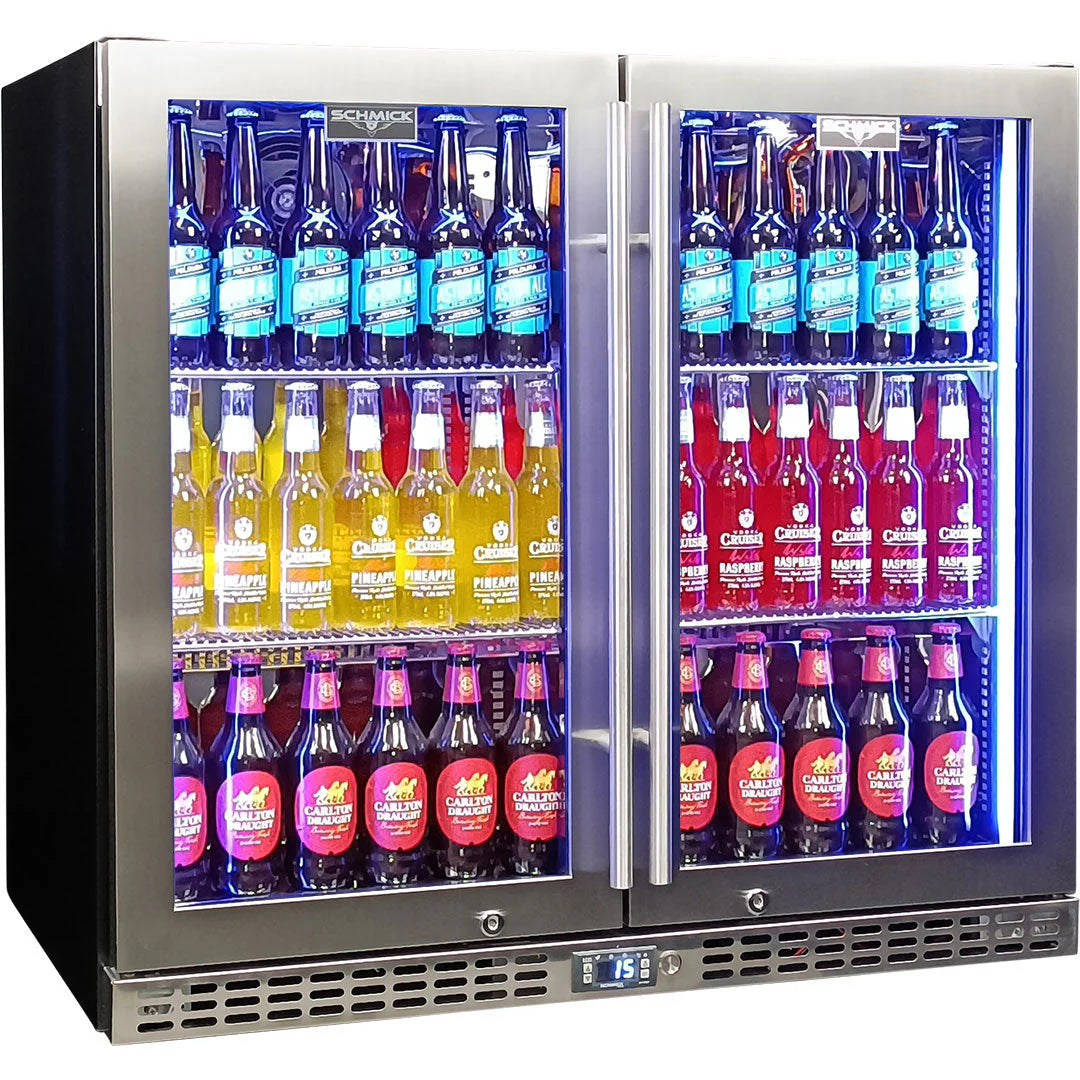 Schmick Twin Door Quiet Running Stainless Triple Glazed Glass Door Bar Fridge Model SK246-SS