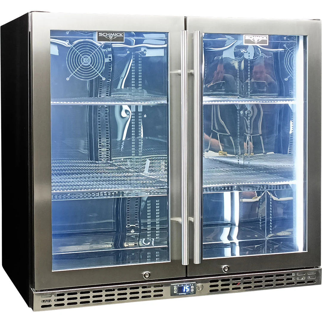 Schmick Twin Door Quiet Running Stainless Triple Glazed Glass Door Bar Fridge Model SK246-SS