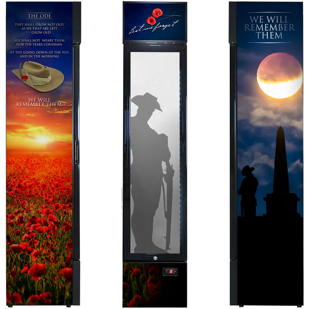 Skinny Upright Bar Fridge With Lest We Forget Design