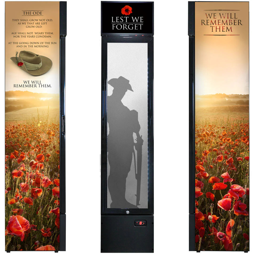 Skinny Upright Bar Fridge With Lest We Forget Design