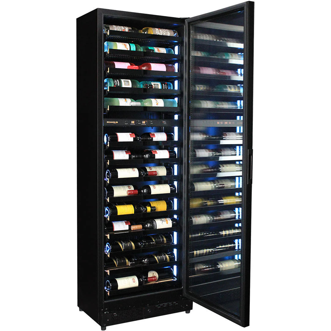 Upright Super Slim Depth Quiet Running Glass Front 2 Zone Wine Fridge With 5 x Led Colour Options