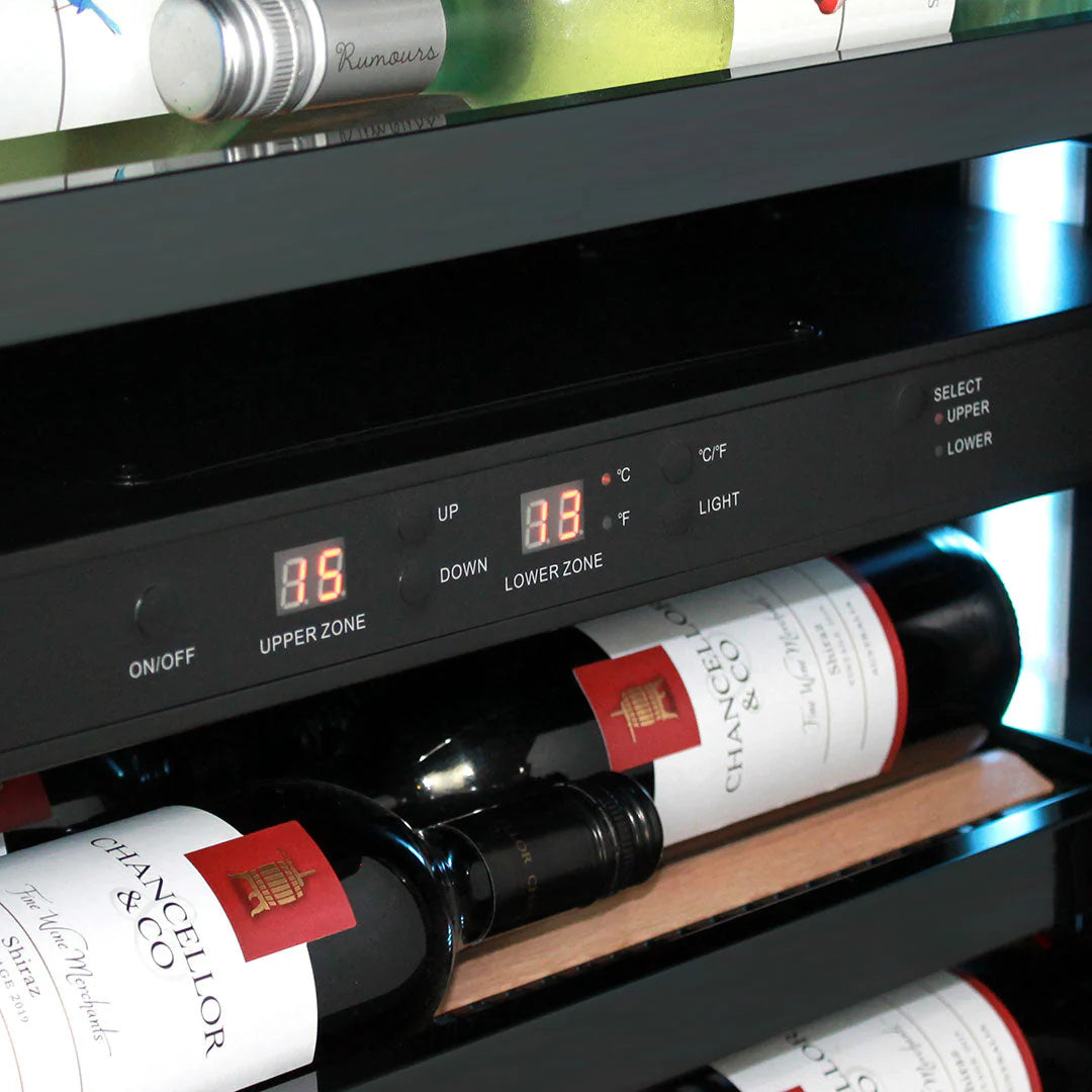 Upright Super Slim Depth Quiet Running Glass Front 2 Zone Wine Fridge With 5 x Led Colour Options