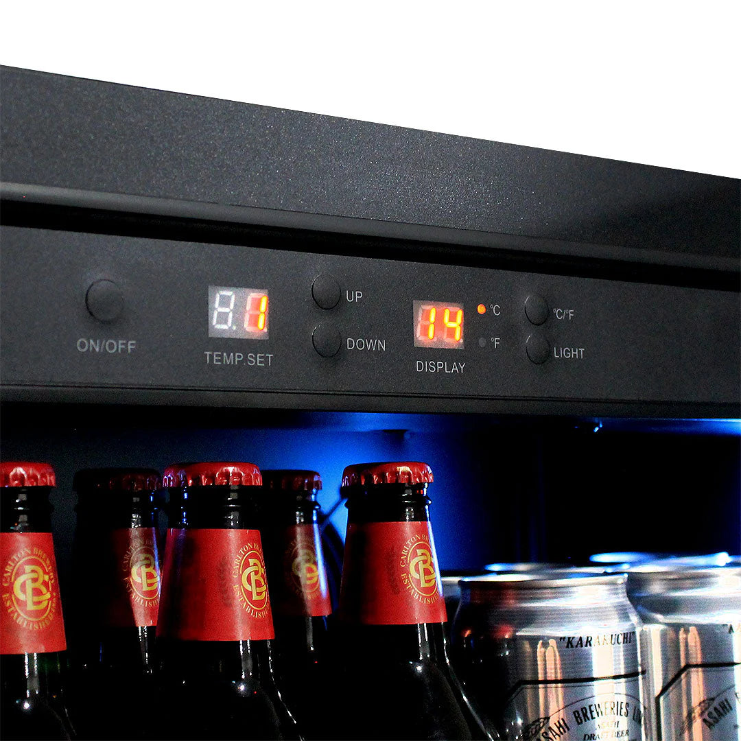 Upright Super Slim Depth Quiet Running Glass Front Beer Fridge With 5 x LED Colour Options