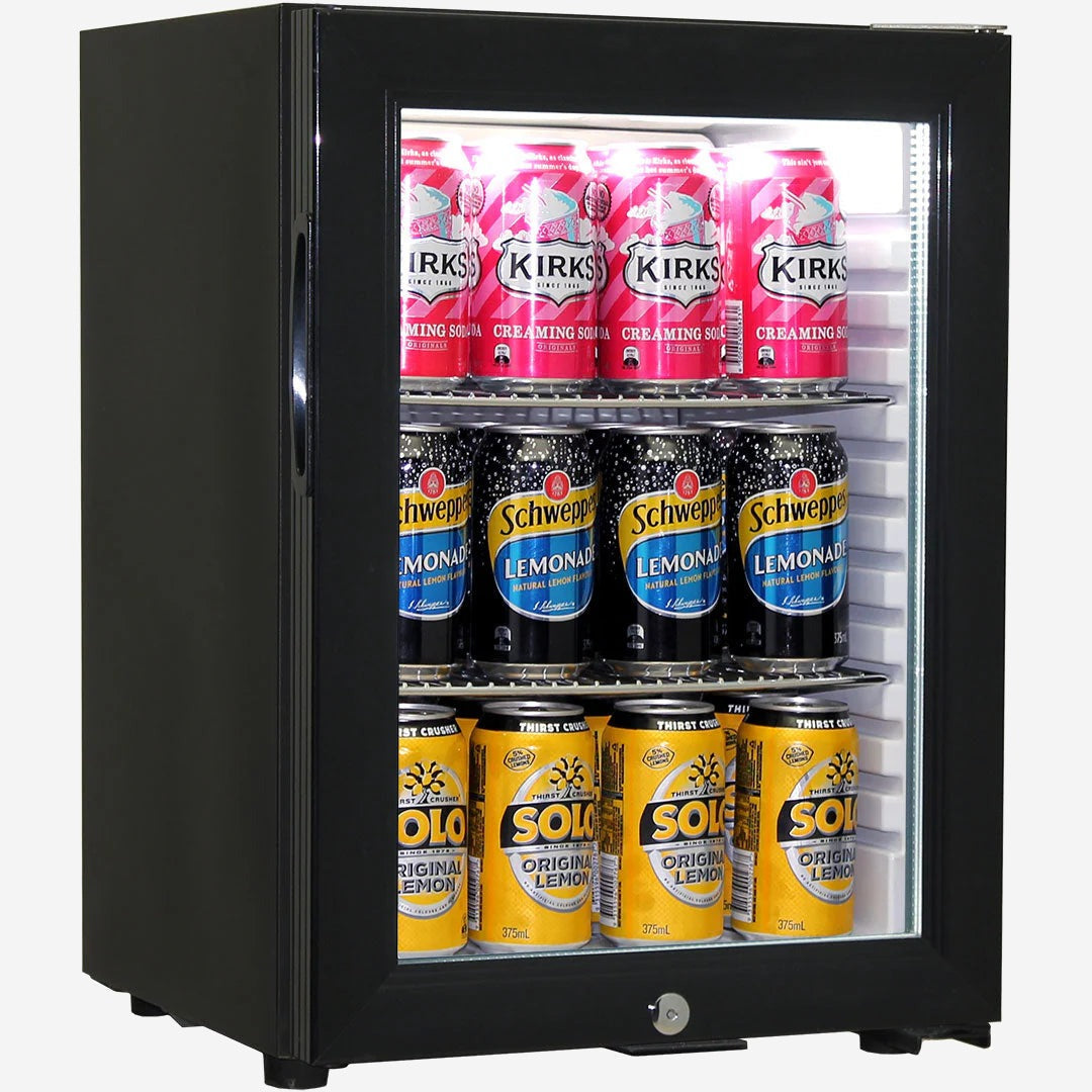 Schmick Black Glass Door Mini Bar Accommodation Fridge Quiet Running With Shallow Depth Model SK40-B