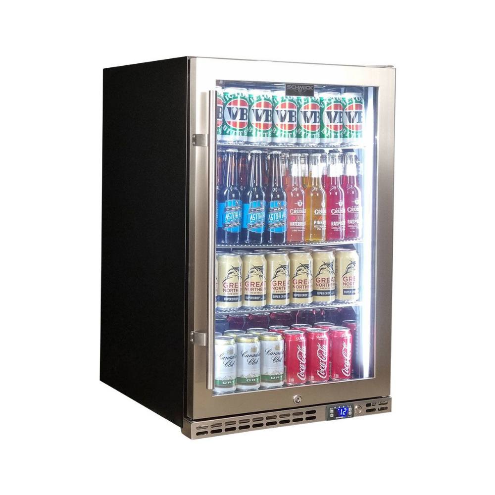 Schmick Stainless Steel Quiet Front Venting Under Bench Heated Glass Door Bar Fridge Model SK146R-HD
