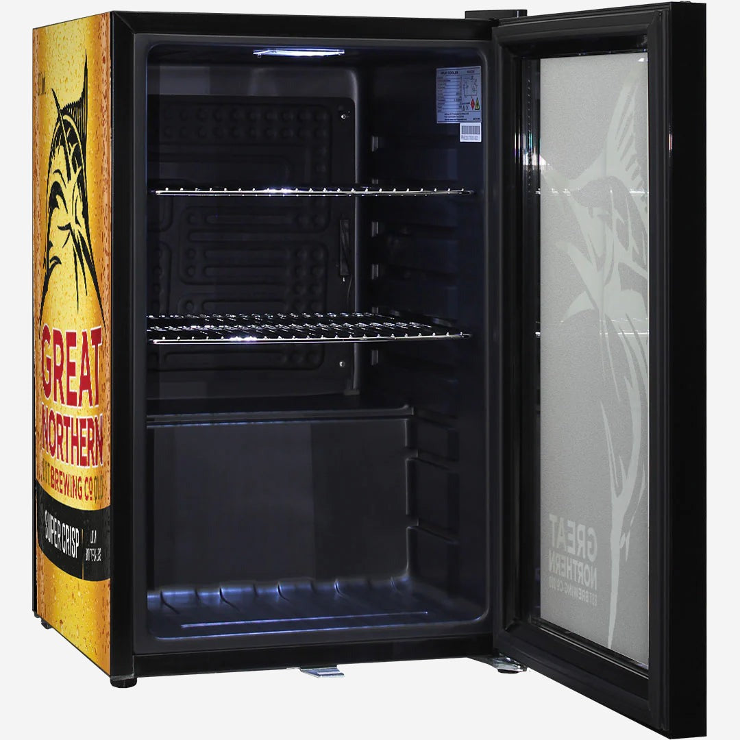 Great Northern Super Crisp Branded Glass Door Bar Fridge With Cool Frosted Door Logo