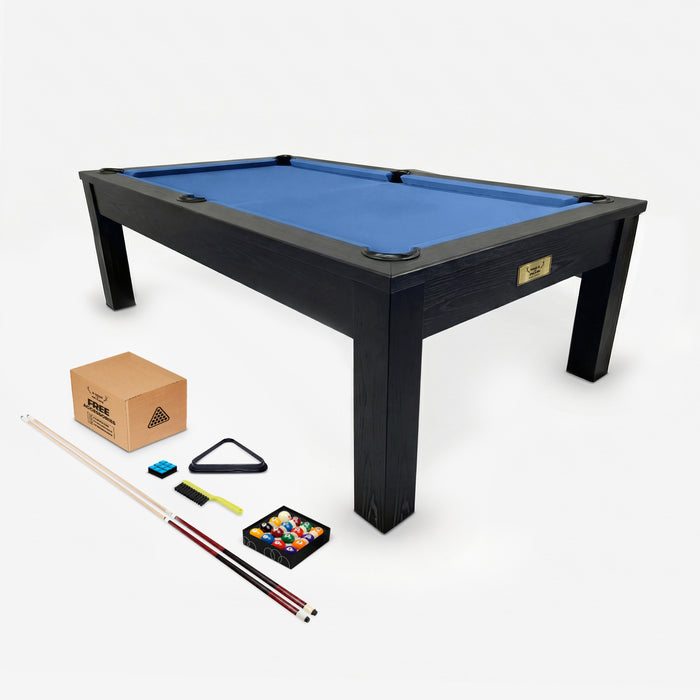 7ft Timber Dining Pool Table Black Frame Blue Felt with free accessories