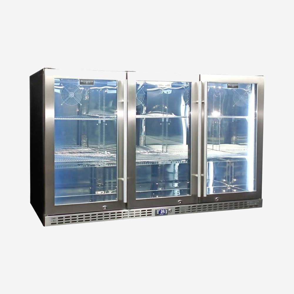 Schmick Stainless Steel 3 Door Quiet Running Heated Glass Door Bar Fridge Model SK386-HD
