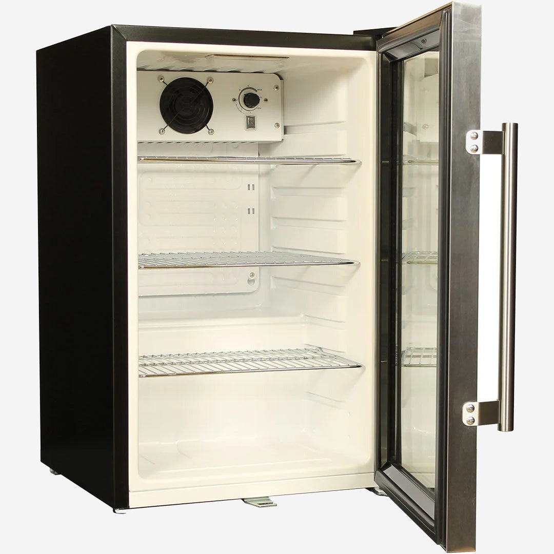 Tropical Glass Door Mini Bar Fridge Chromed Adjustable Shelves Blue Led Light And Holds 80 Cans Add 1 Extra Yr Parts/Lab