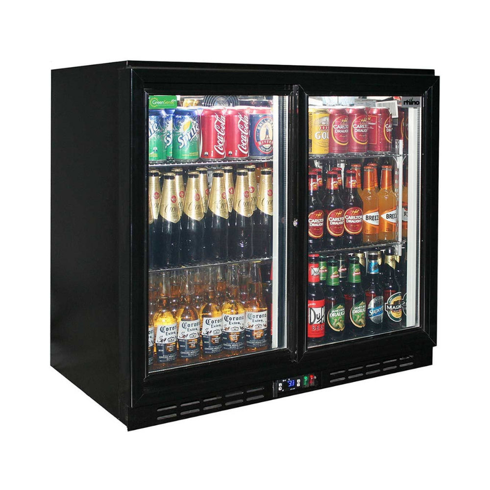 Rhino Black Glass Sliding Under Bench 2 Door Bar Fridge Energy Efficient LG Compressor