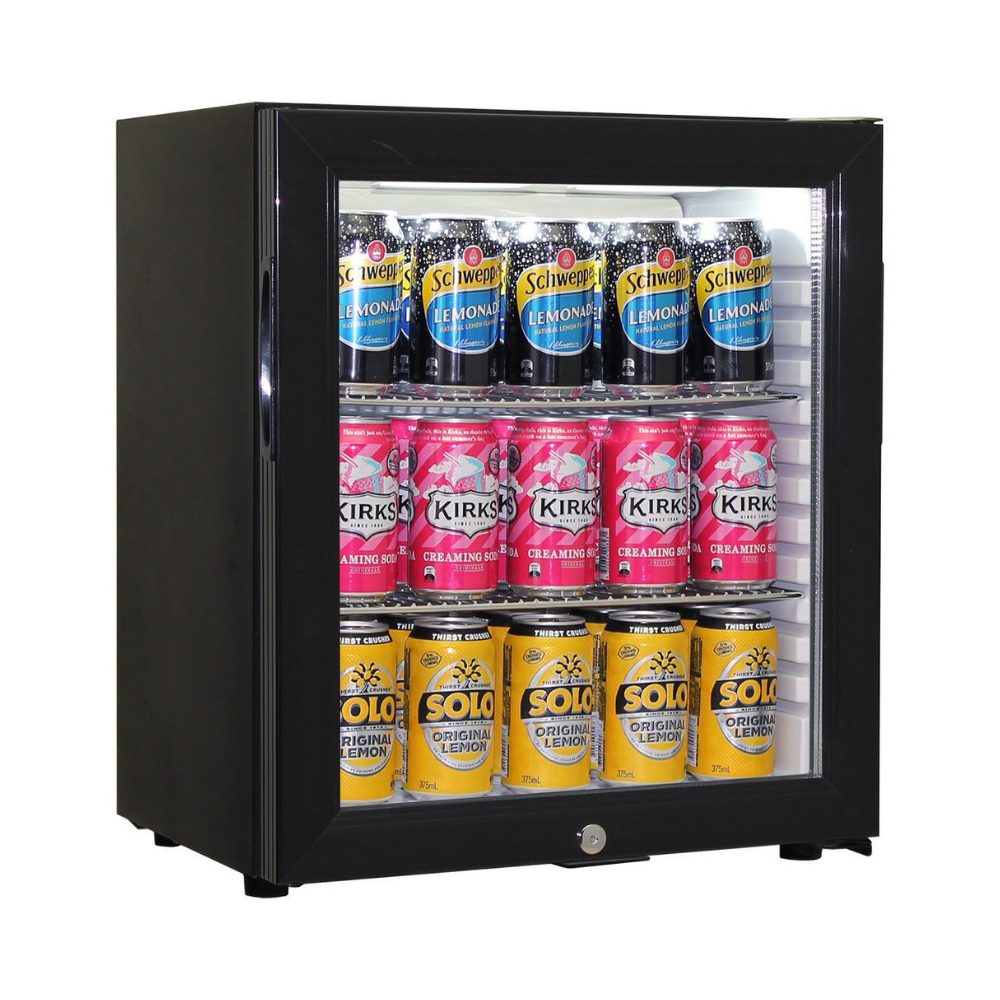 Schmick Black Glass Door Mini Bar Accommodation Fridge Quiet Running With Shallow Depth Model SK55-B