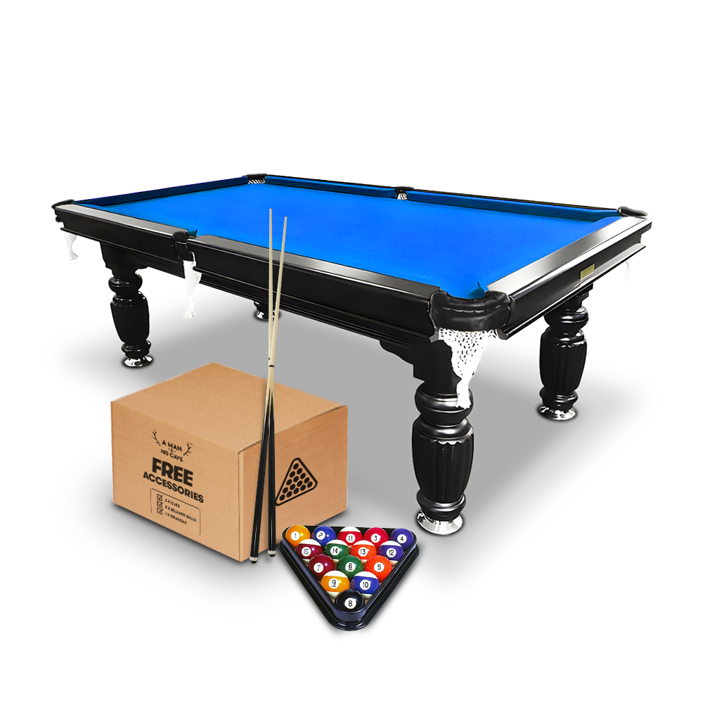 Solid Oak 8ft Slate Pool Table - Black Frame/Blue Felt