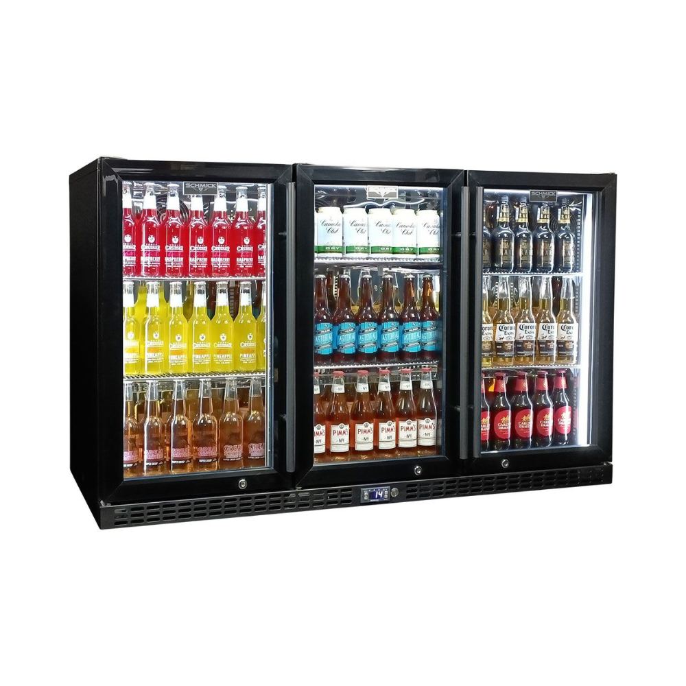 Schmick Black 3 Door Quiet Running Heated Glass Door Bar Fridge Model SK386-B-HD