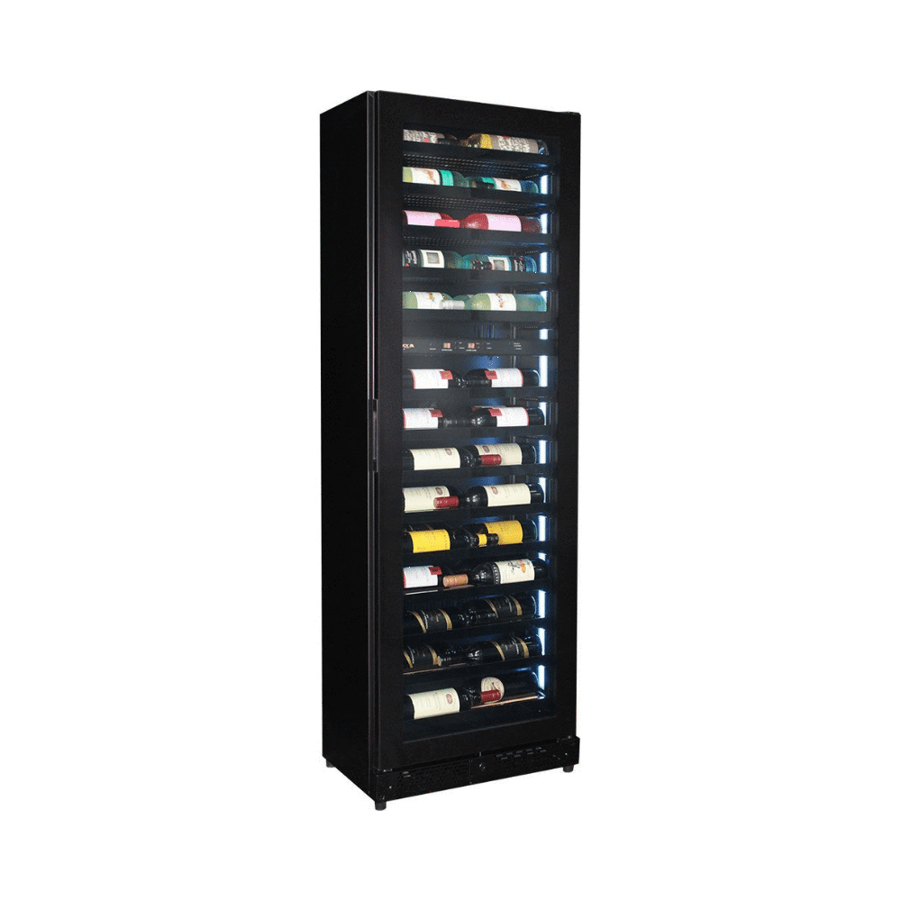 Upright Super Slim Depth Quiet Running Glass Front 2 Zone Wine Fridge With 5 x Led Colour Options