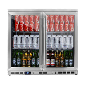 Heating Glass 2-Door Full Stainless Under Bench Beverage Fridge, Indoor or Outdoor 2-Year Warranty(Free)