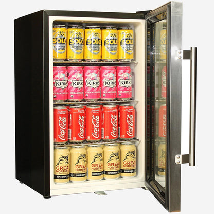 Tropical Glass Door Mini Bar Fridge Chromed Adjustable Shelves Blue Led Light And Holds 80 Cans Add 1 Extra Yr Parts/Lab