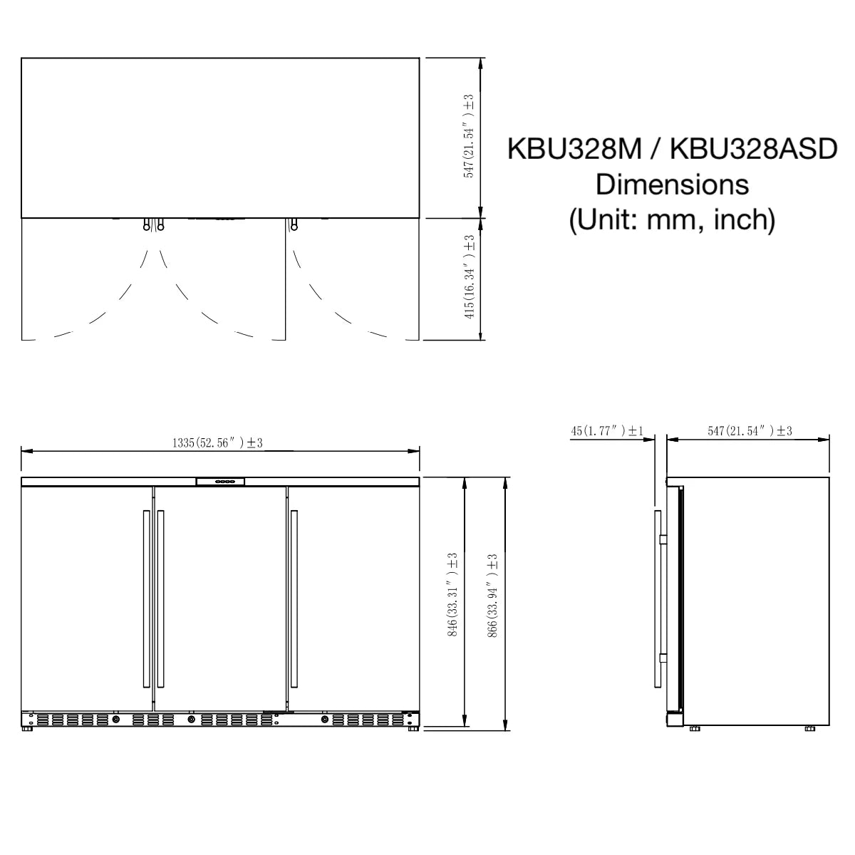 3-Door Under Bench Beverage Fridge, Outdoor Solid Door