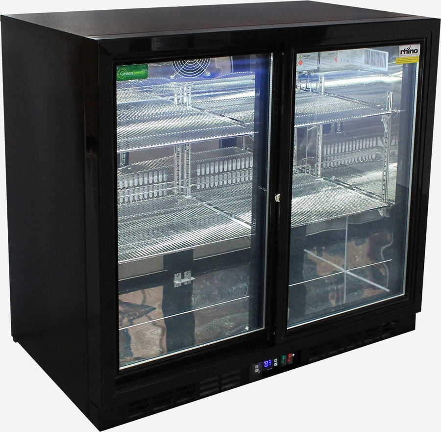 Rhino Black Glass Sliding Under Bench 2 Door Bar Fridge Energy Efficient LG Compressor
