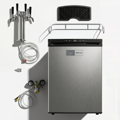 GEN 2.0 Kegerator Quadruple Tap bundle, fridge plus tap font, drip tray, top rail, CO2 regulator and lines