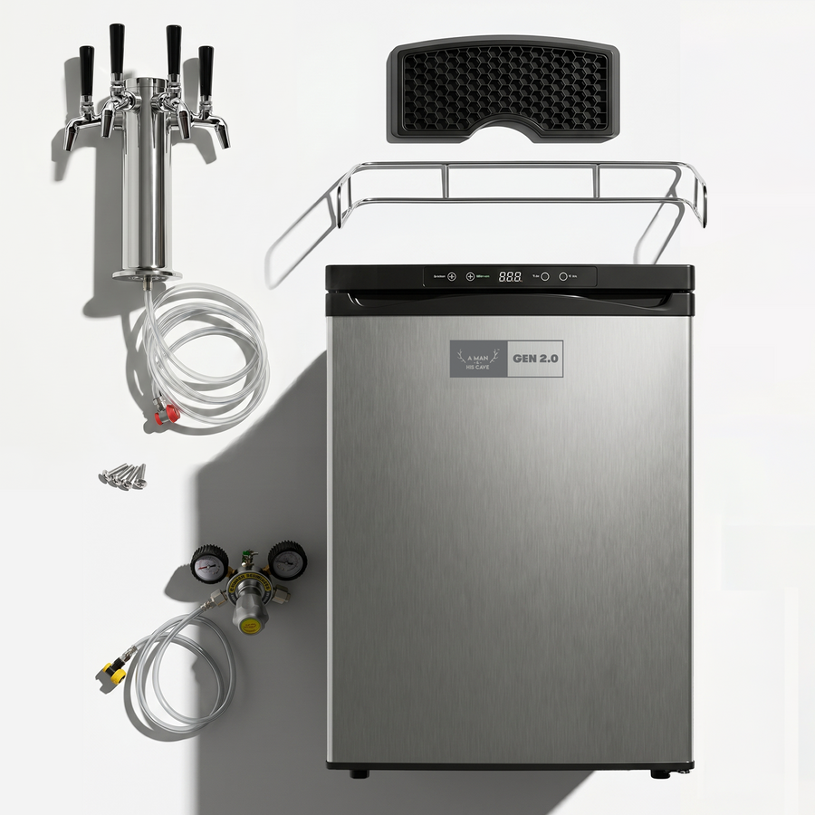 GEN 2.0 Kegerator Quadruple Tap bundle, fridge plus tap font, drip tray, top rail, CO2 regulator and lines